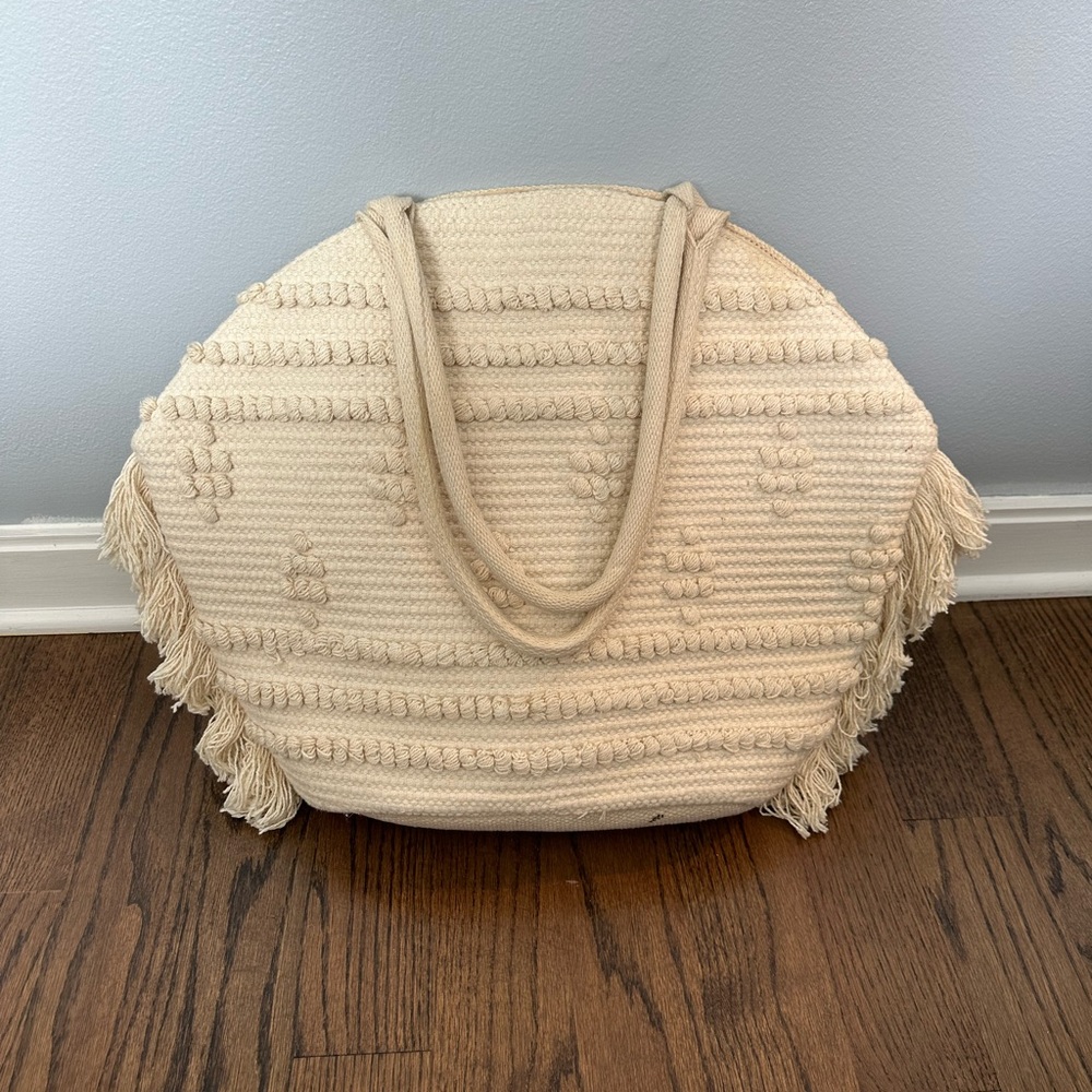 Cream Textured Tote Bag with Woven Design